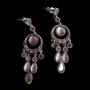 Pierced Earrings Dangling Chandelier Gold Tone Pink Stone